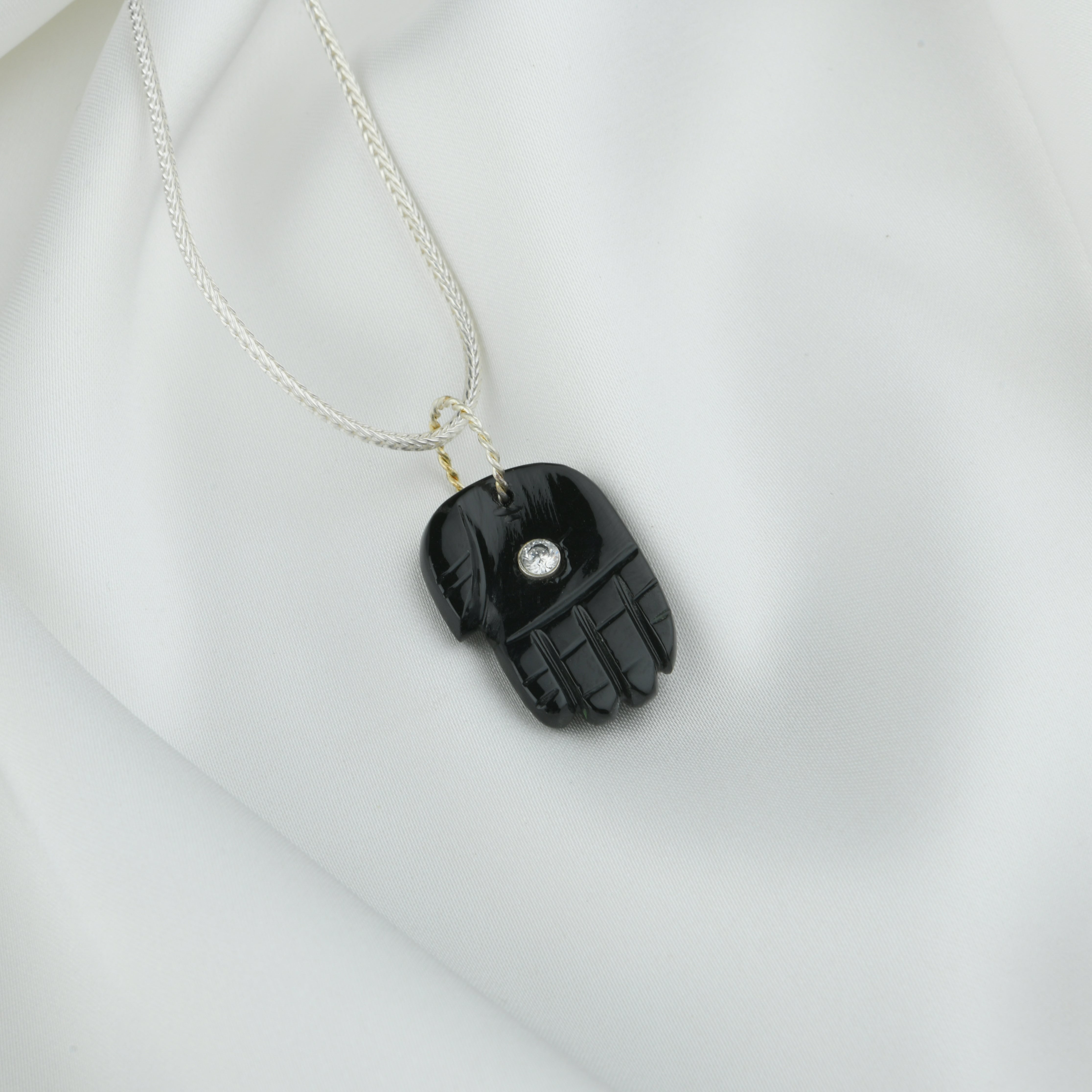 Protective Evil Eye Black Onyx Silver Hamsa Pendant