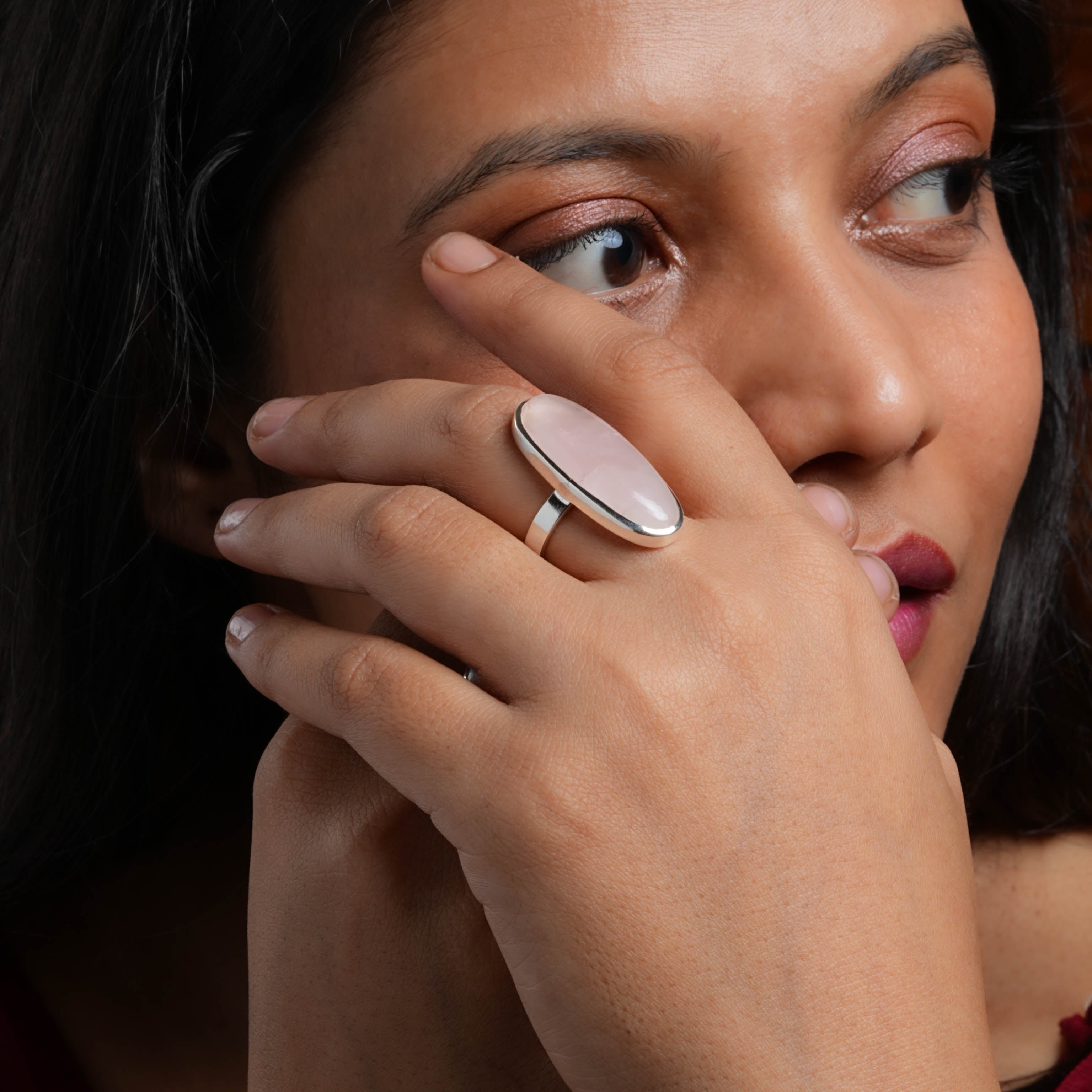 Natural Rose Quartz Oval Silver Ring