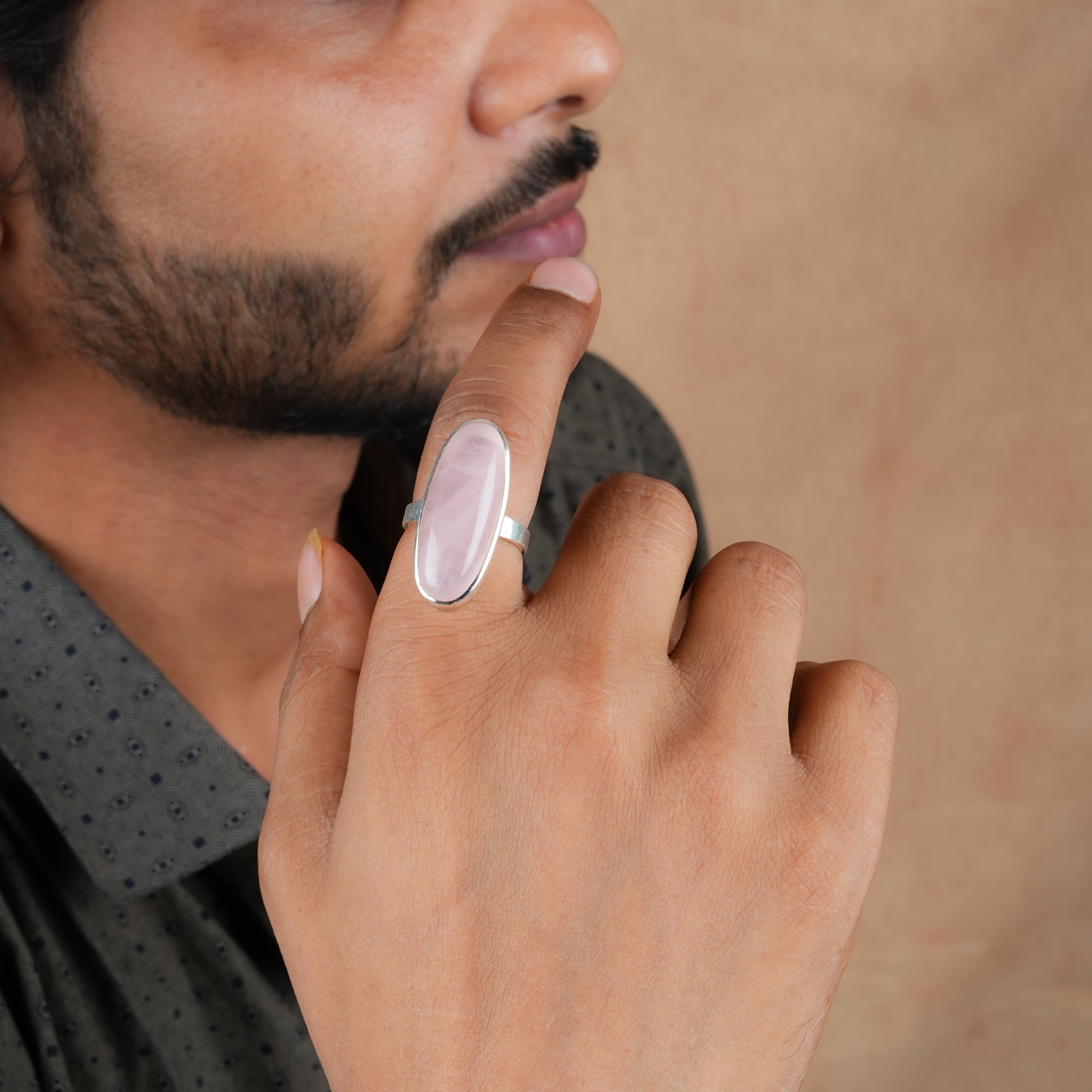 Natural Rose Quartz Oval Silver Ring