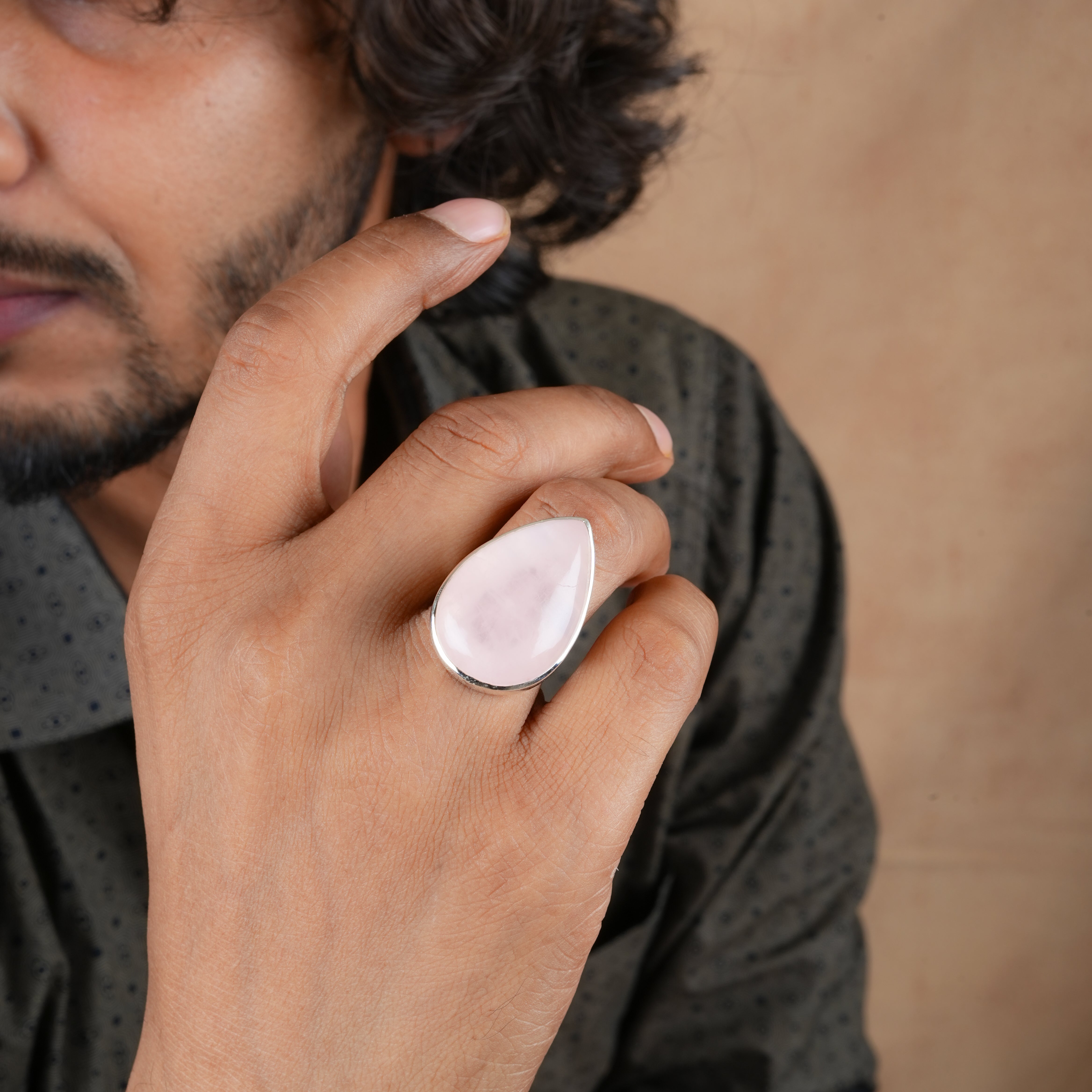 Natural Rose Quartz Drop Silver Ring