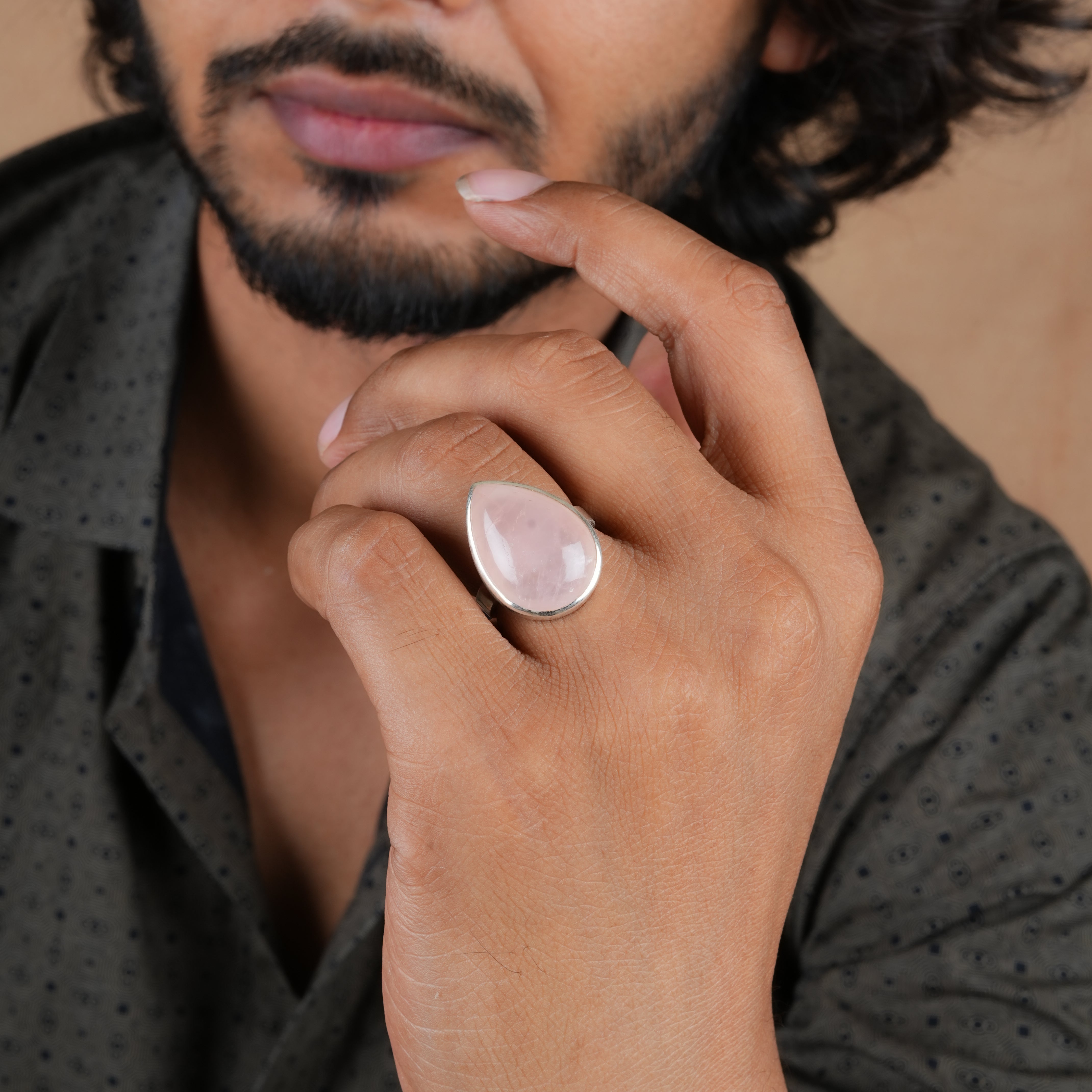 Natural Rose Quartz Tear Drop Silver Ring