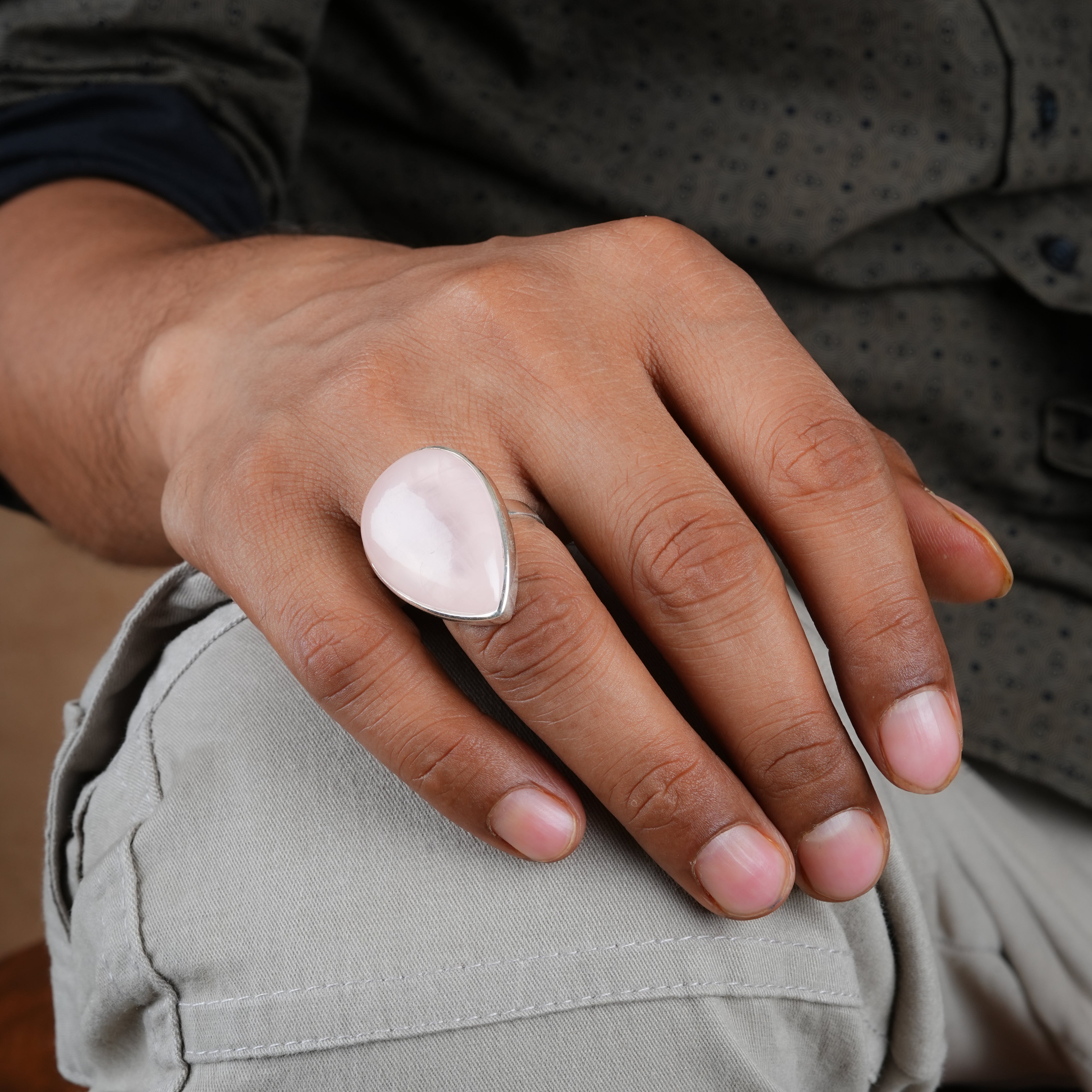 Natural Rose Quartz Drop Silver Ring