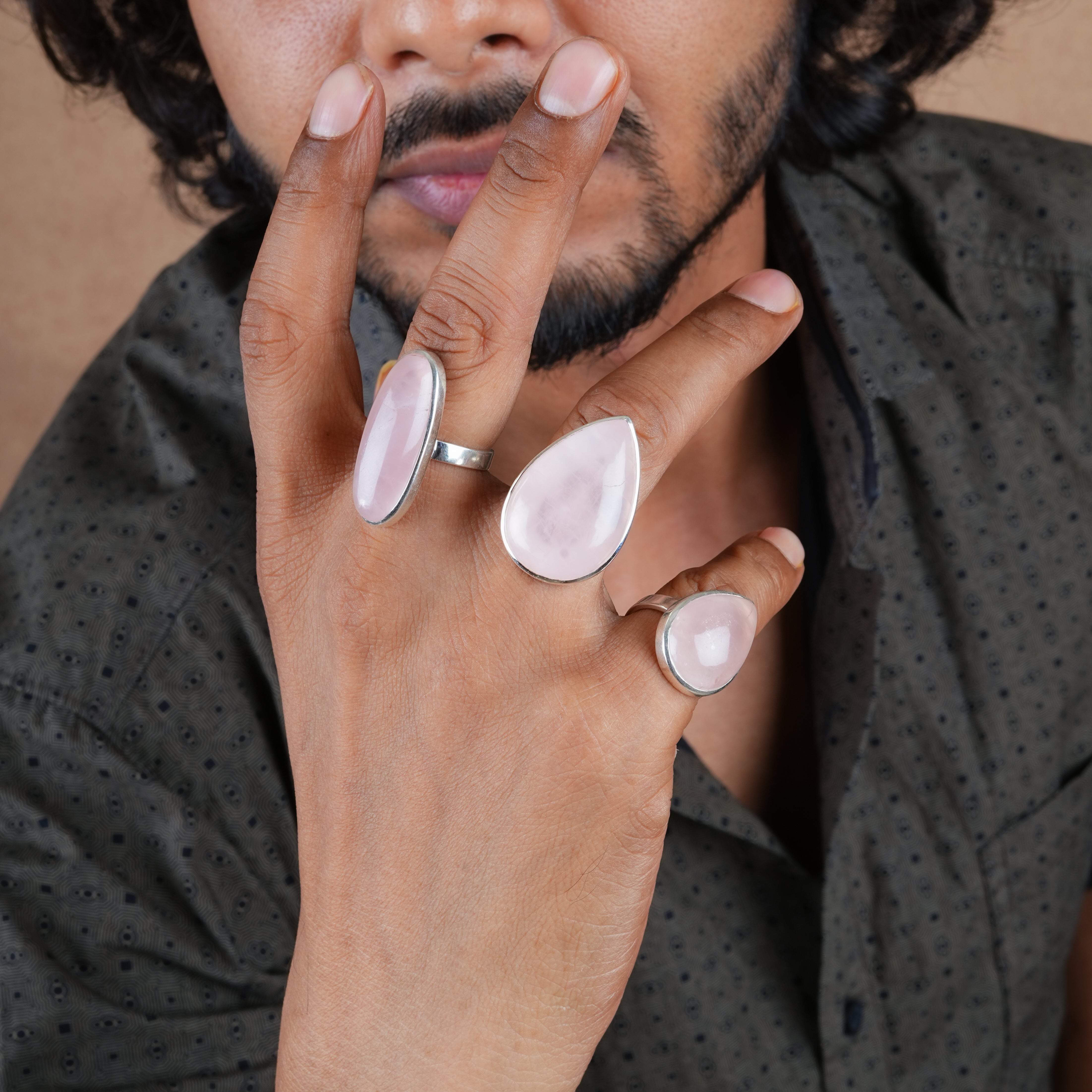 Natural Rose Quartz Drop Silver Ring