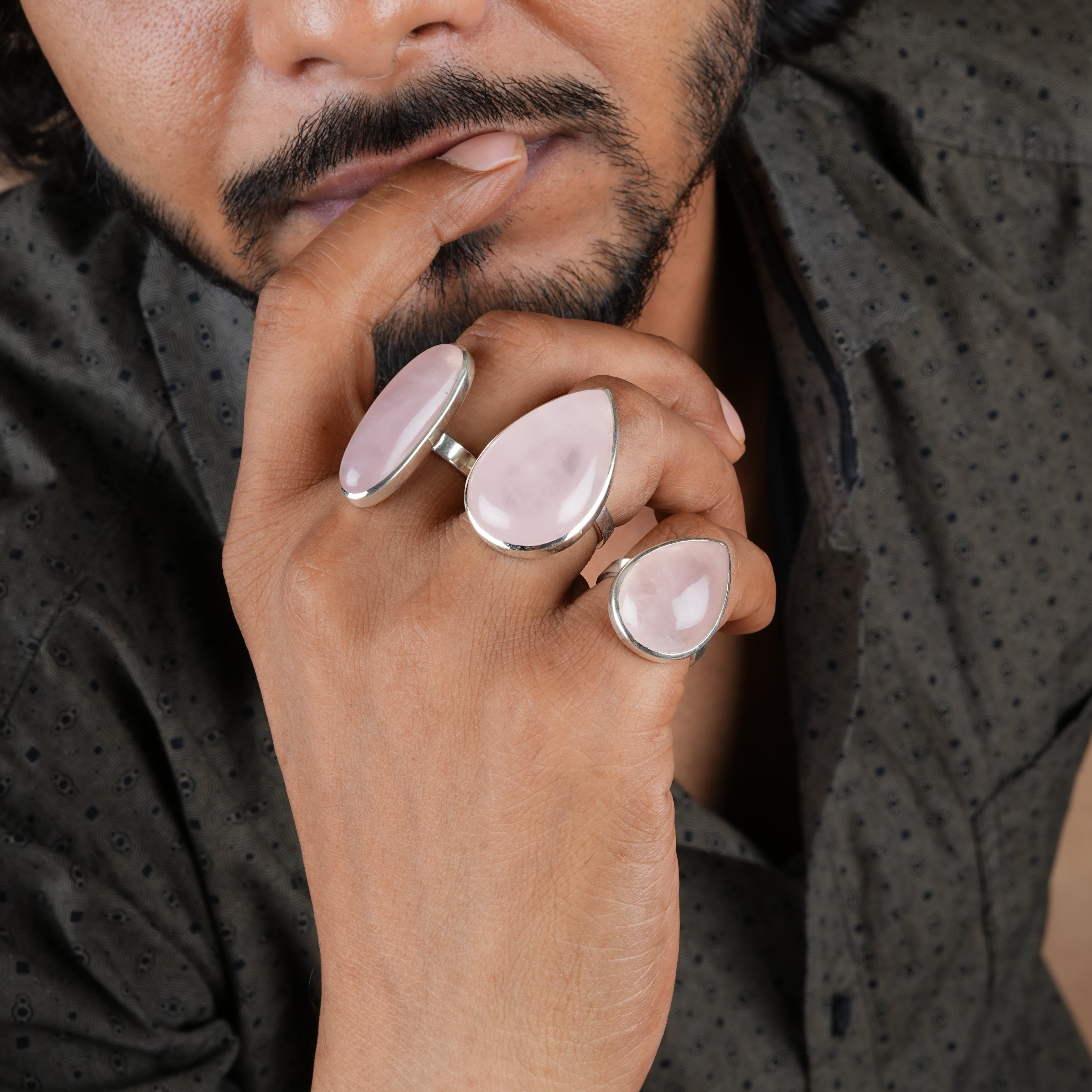 Natural Rose Quartz Drop Silver Ring