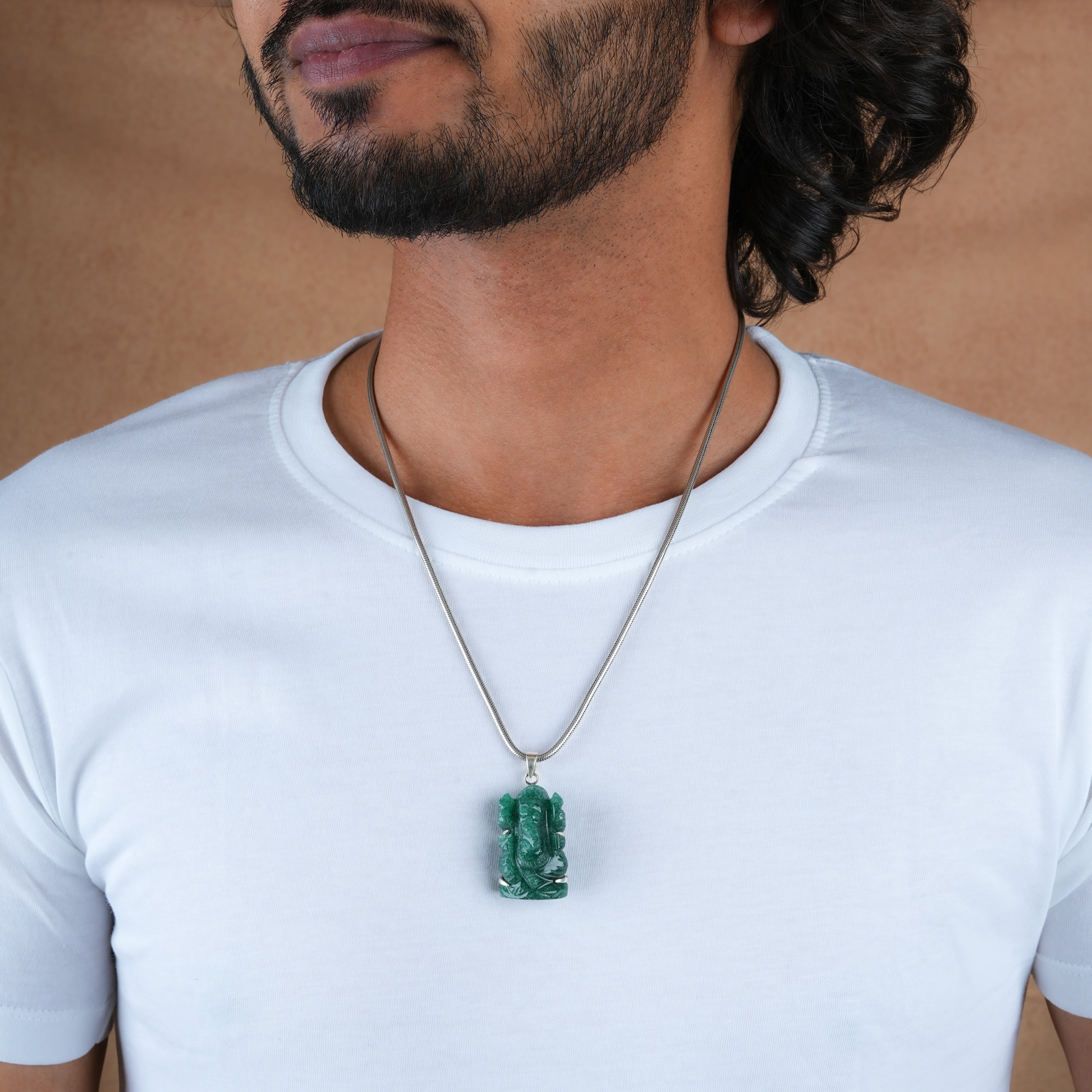 Green Aventurine Lord Ganesha Silver Pendant