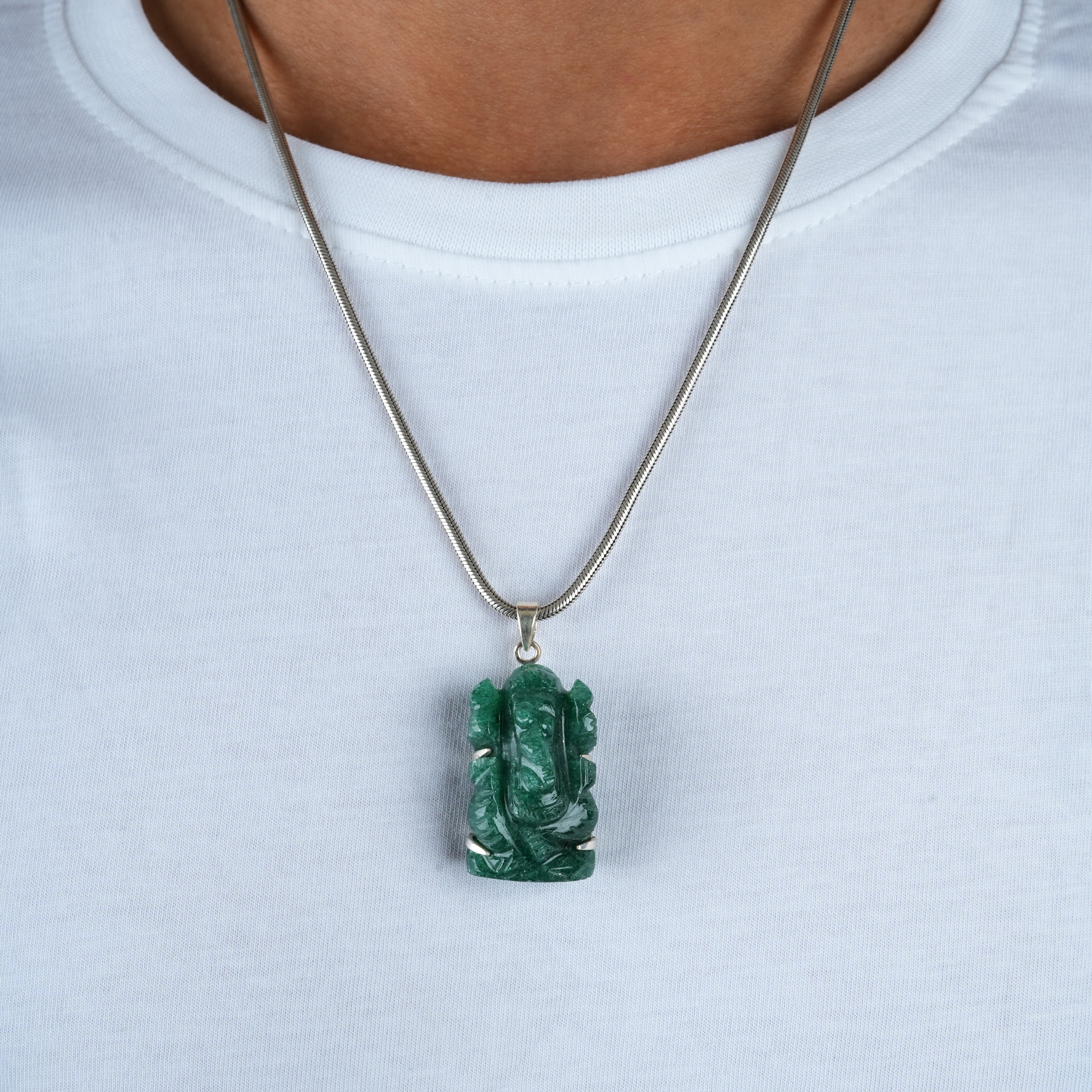Green Aventurine Lord Ganesha Silver Pendant