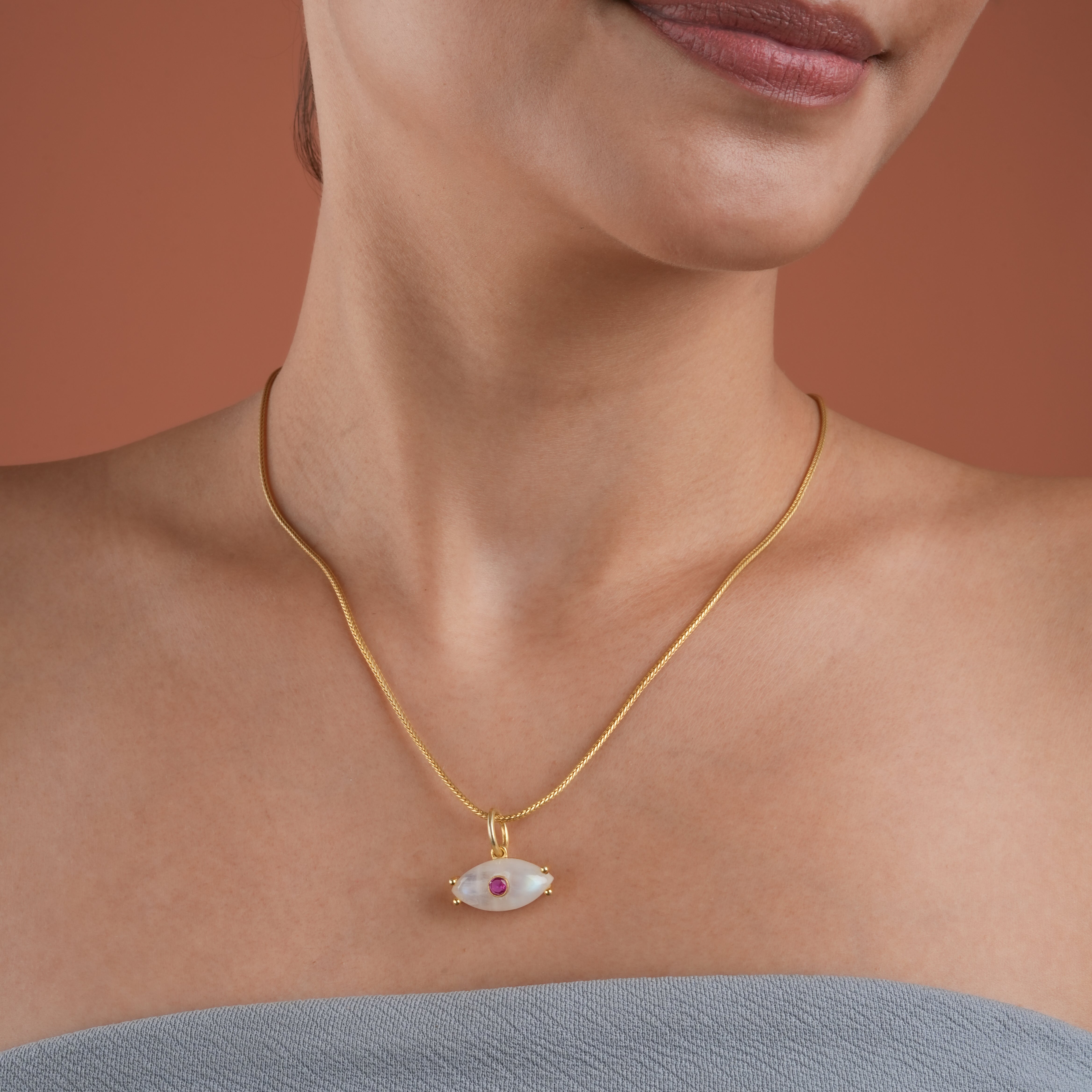 Natural Moonstone Gold Plated Silver Evil Eye Pendant