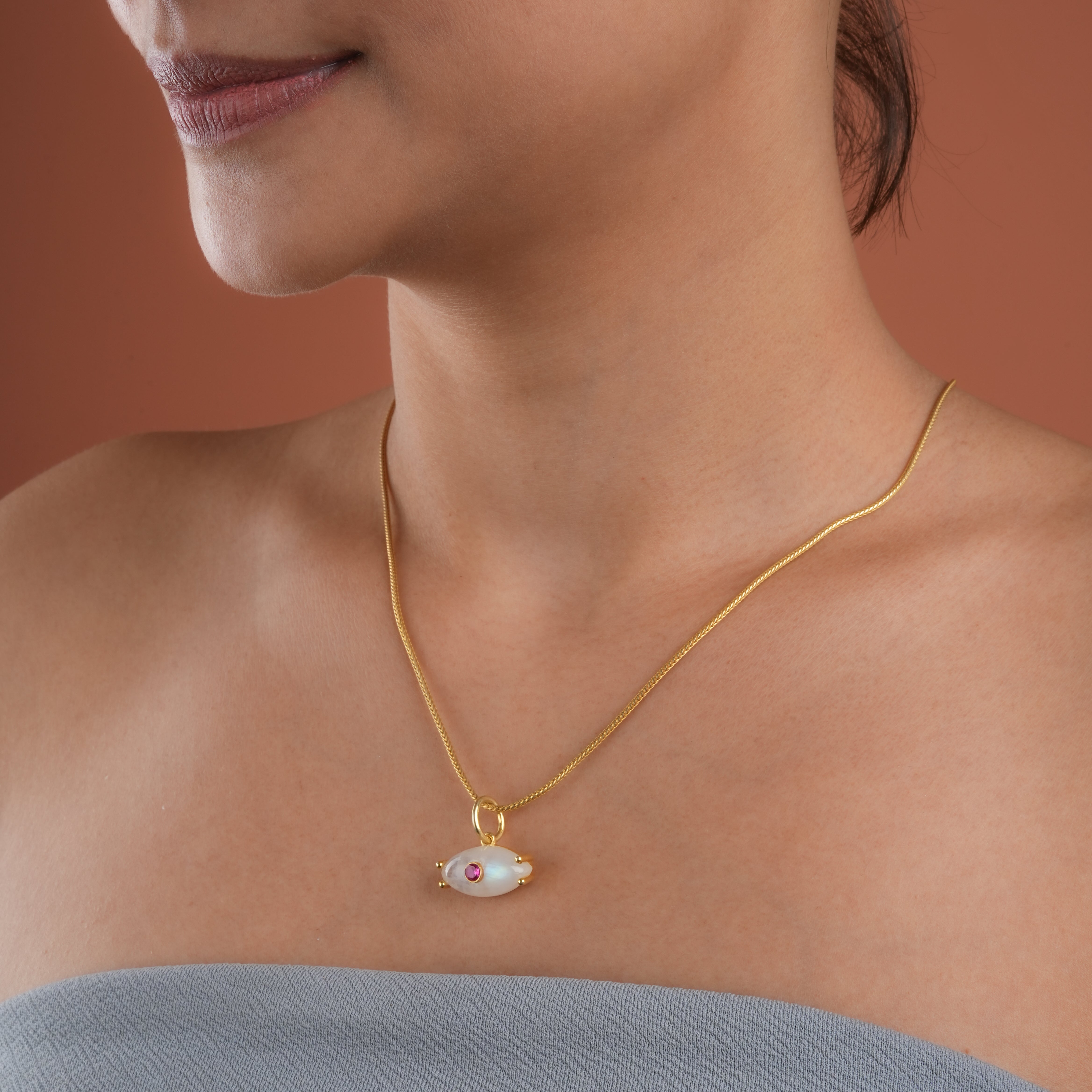 Natural Moonstone Gold Plated Silver Evil Eye Pendant