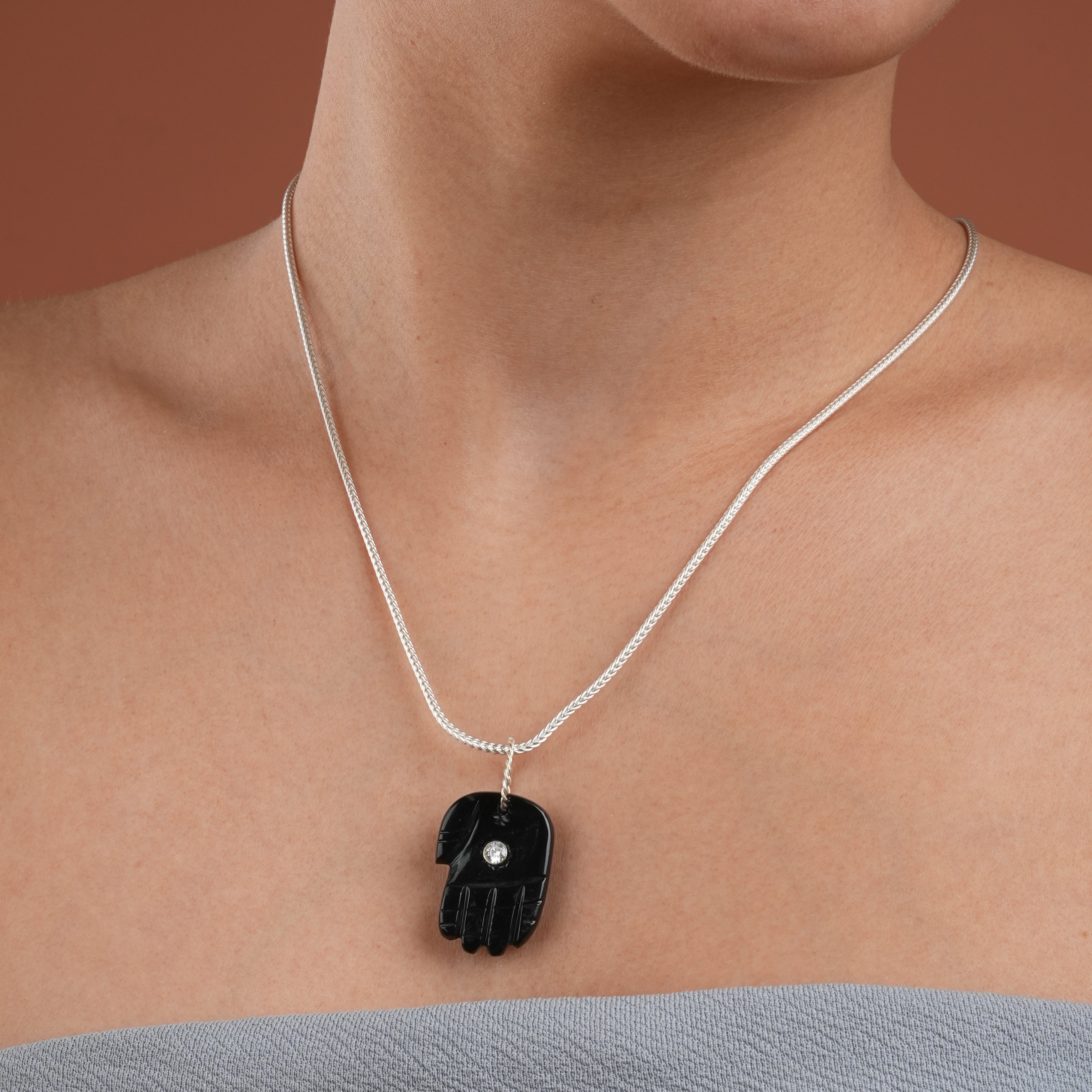 Protective Evil Eye Black Onyx Silver Hamsa Pendant