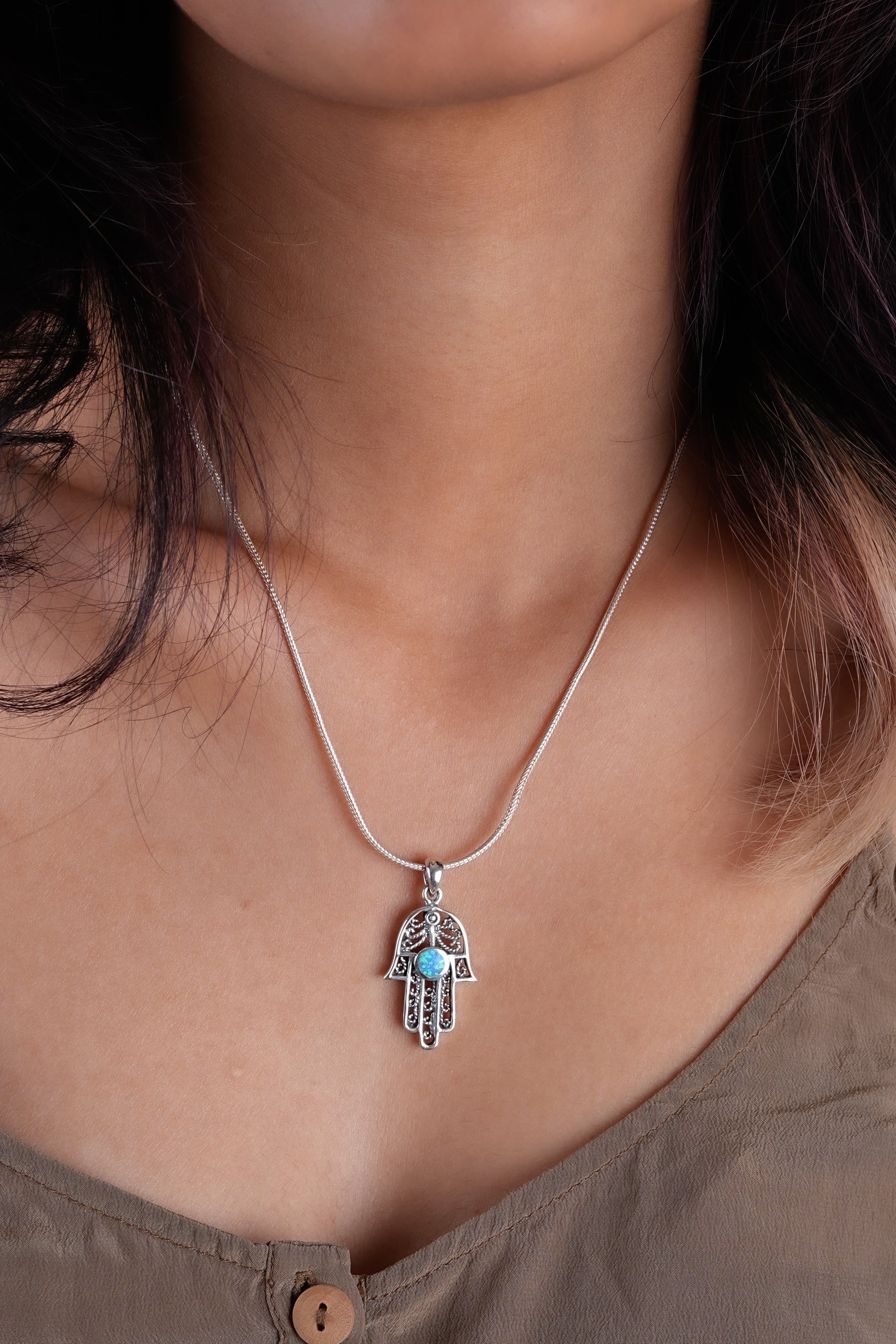 Opal Hamsa Silver Pendant