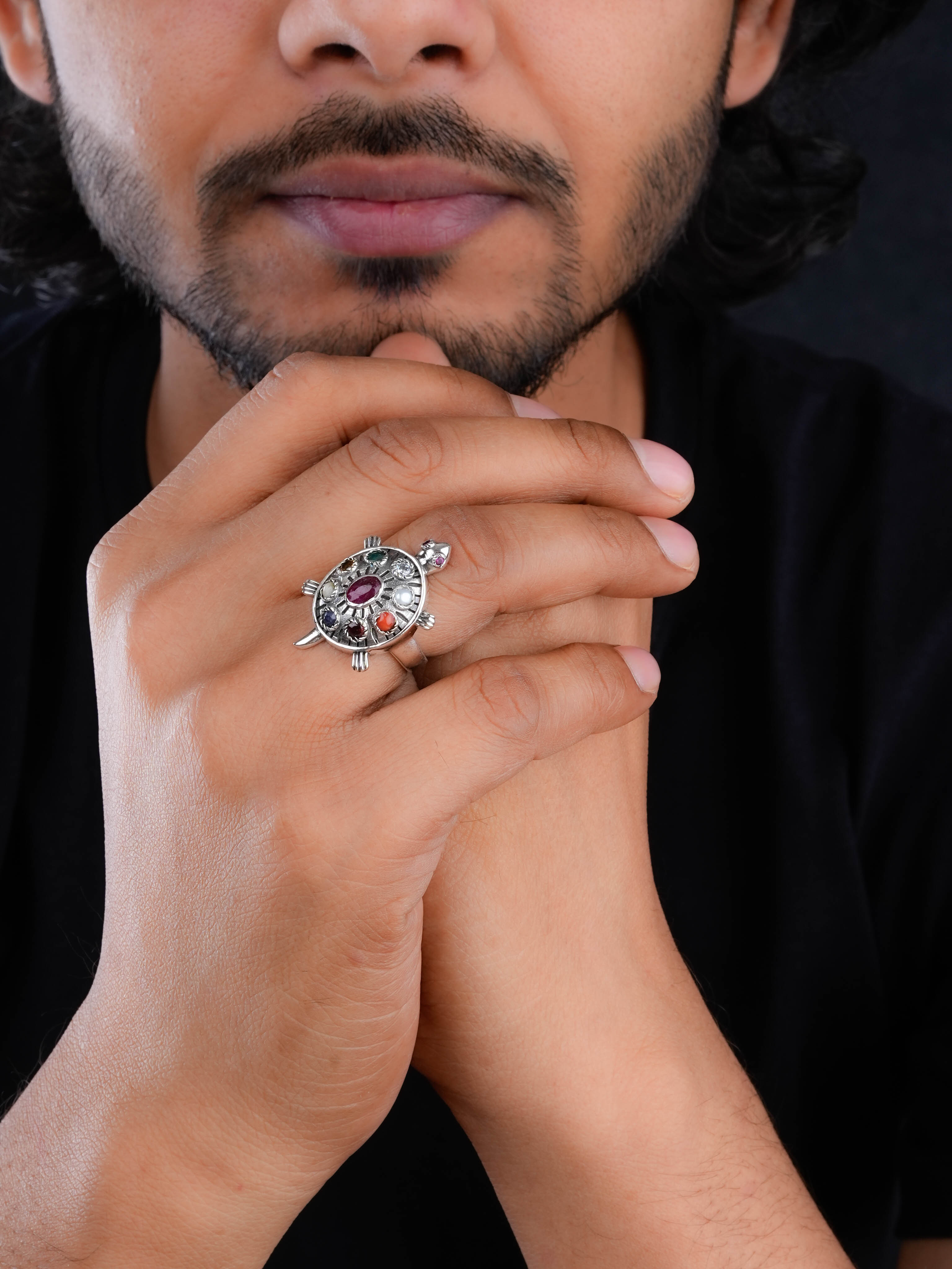 Navratna Turtle Silver Ring