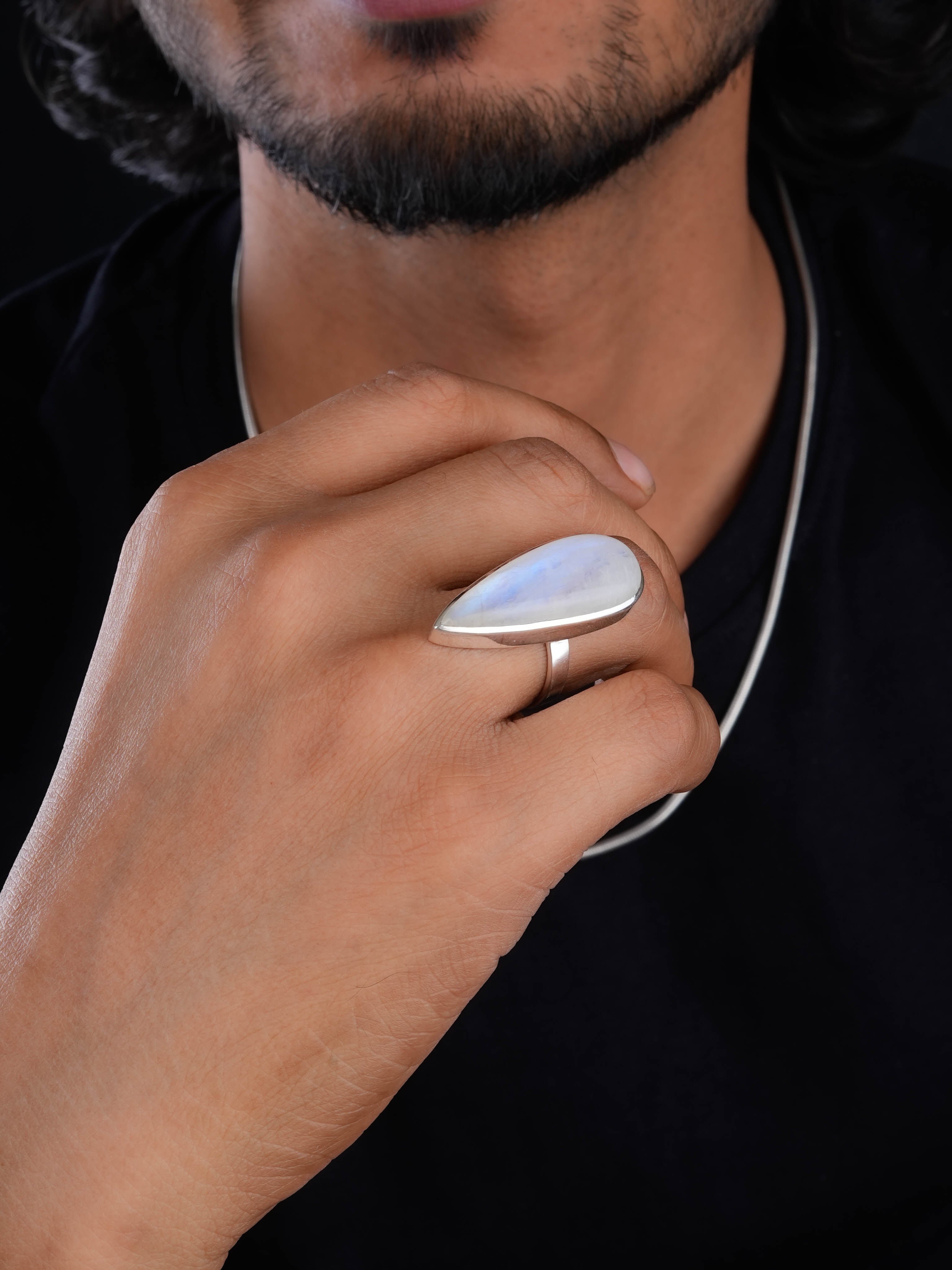 Moonstone Long Tear Drops Silver Ring