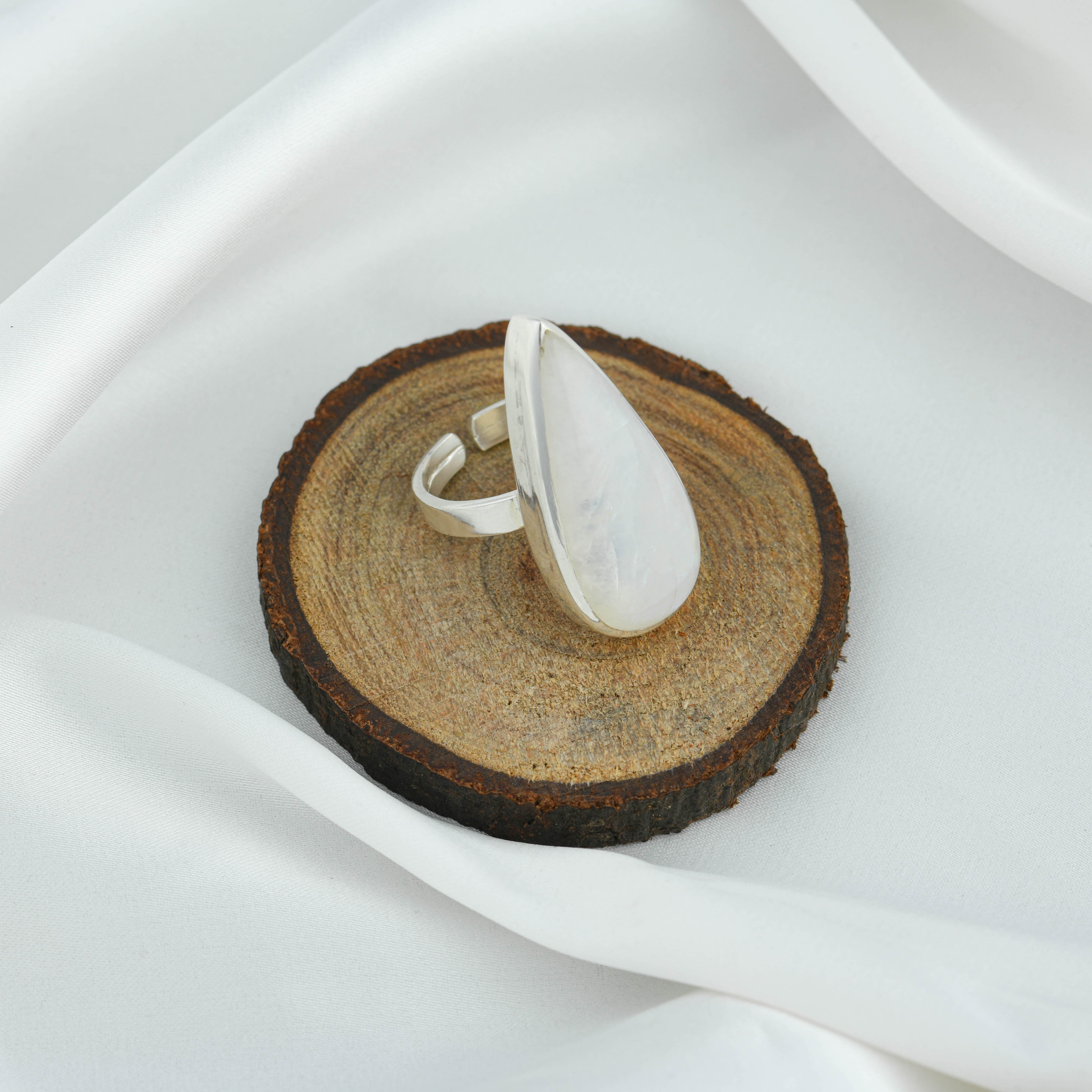 Moonstone Long Tear Drops Silver Ring