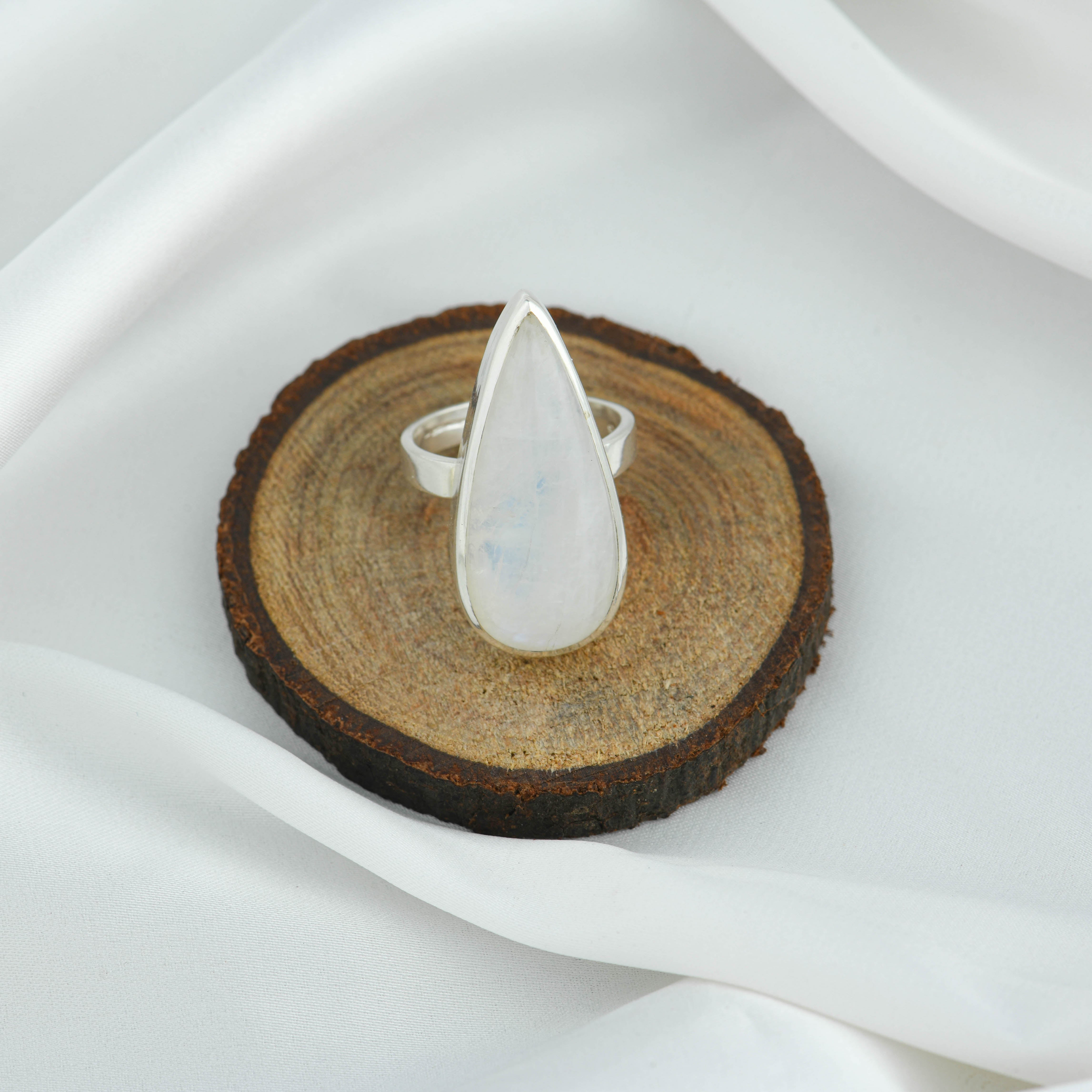 Moonstone Long Tear Drops Silver Ring