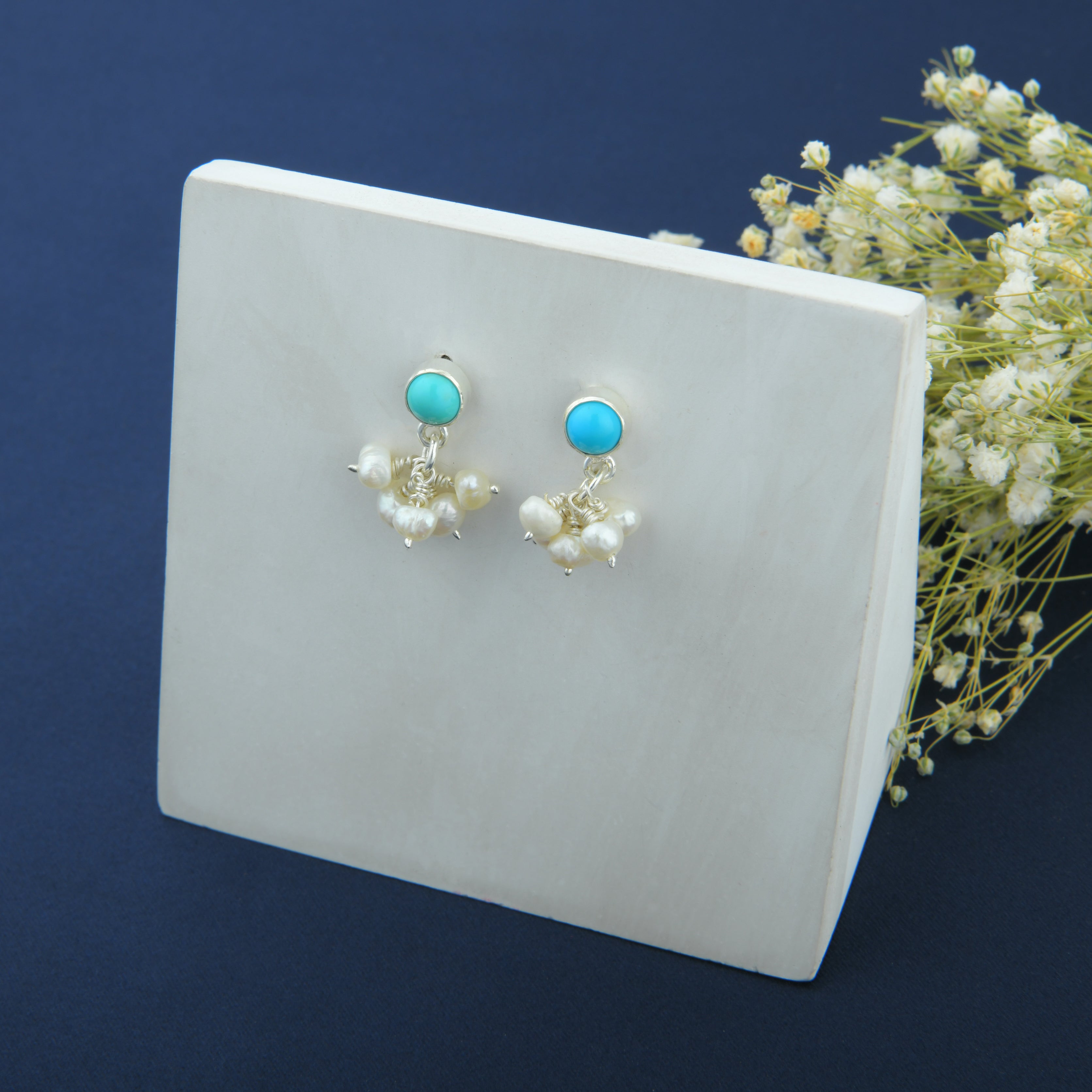 Turquoise Pearls Silver Studs