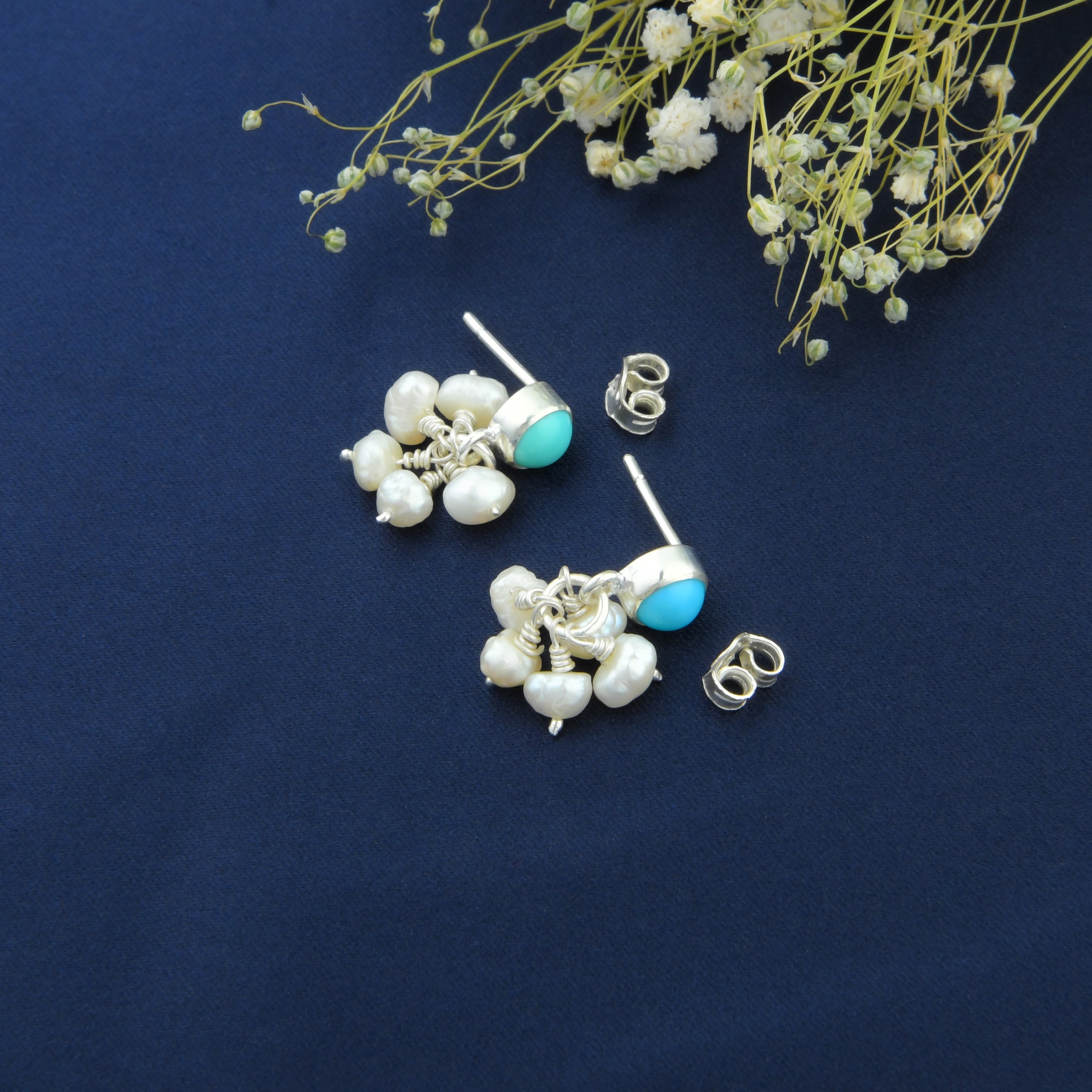 Turquoise Pearls Silver Studs
