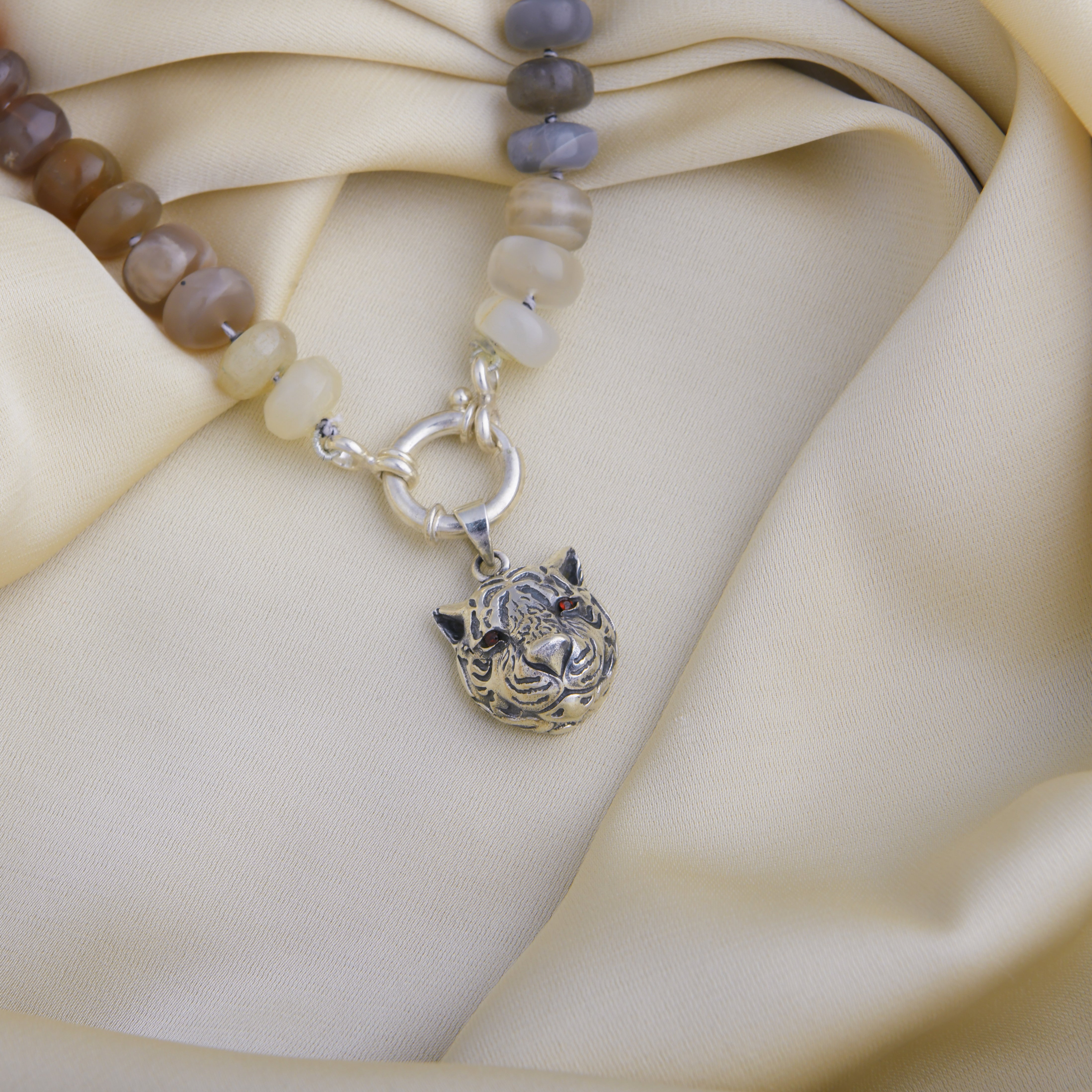 Semiprecious Moonstone Hand Knotted Tiger Necklace