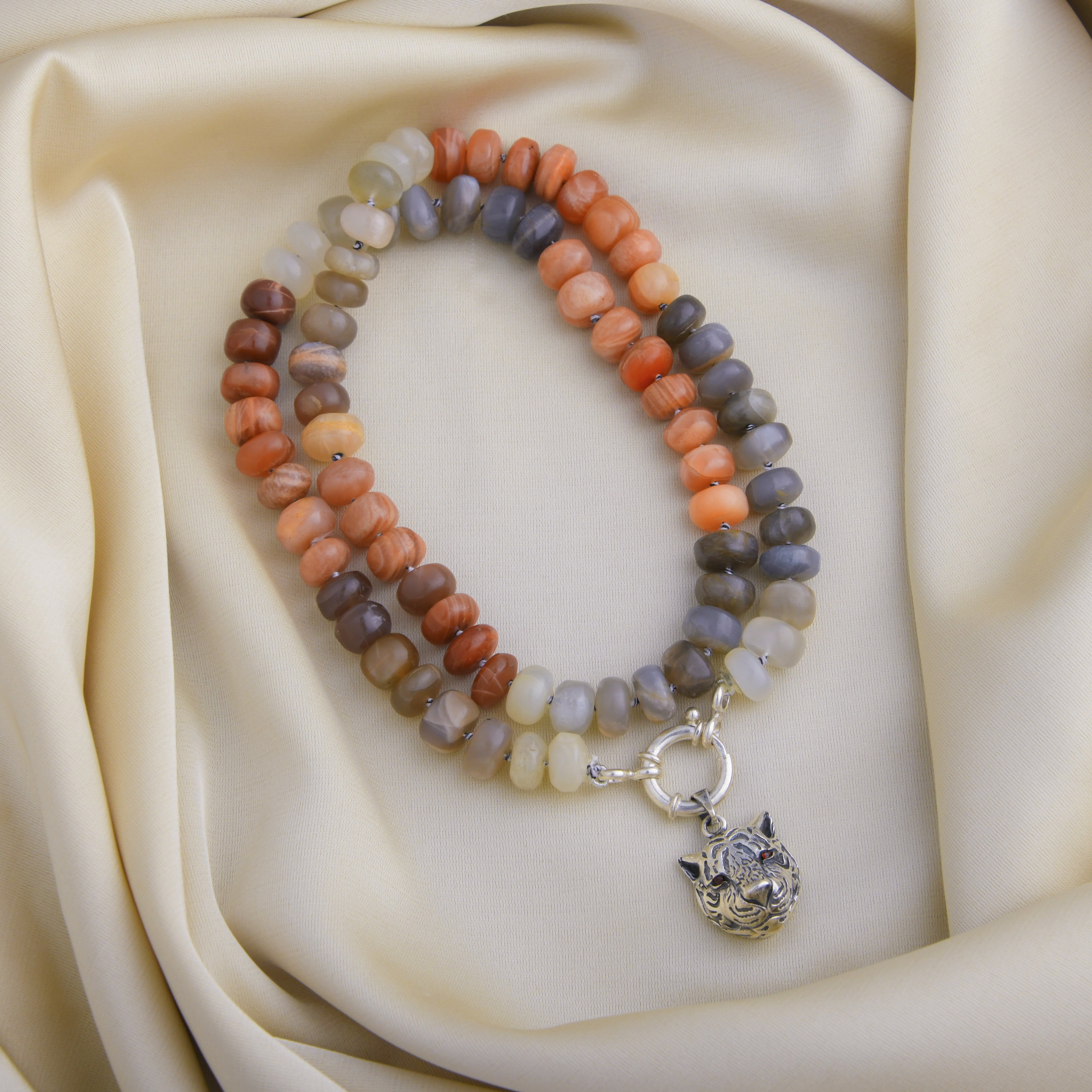 Semiprecious Moonstone Hand Knotted Tiger Necklace