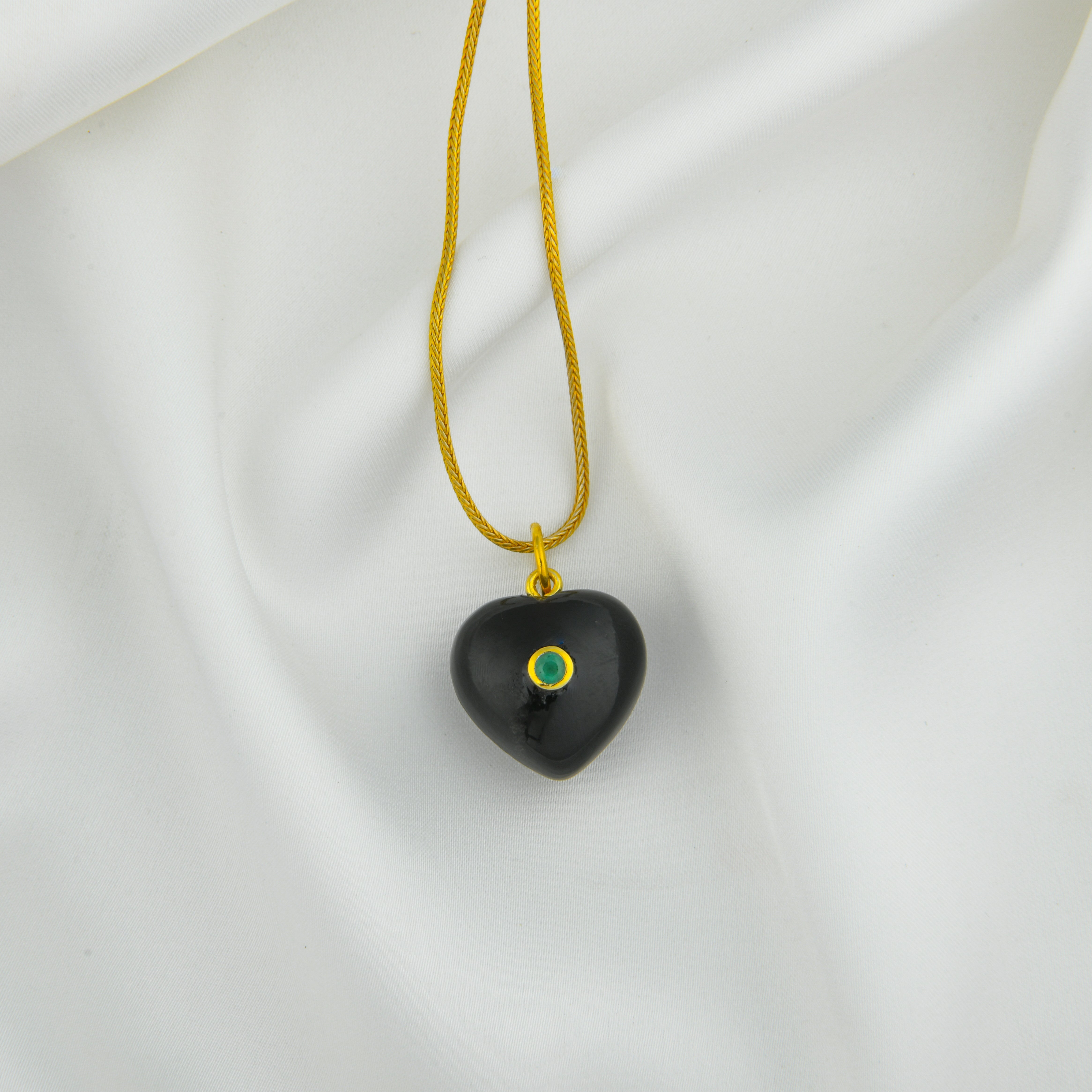Natural Black Onyx Heart Pendant With Green Evil Eye