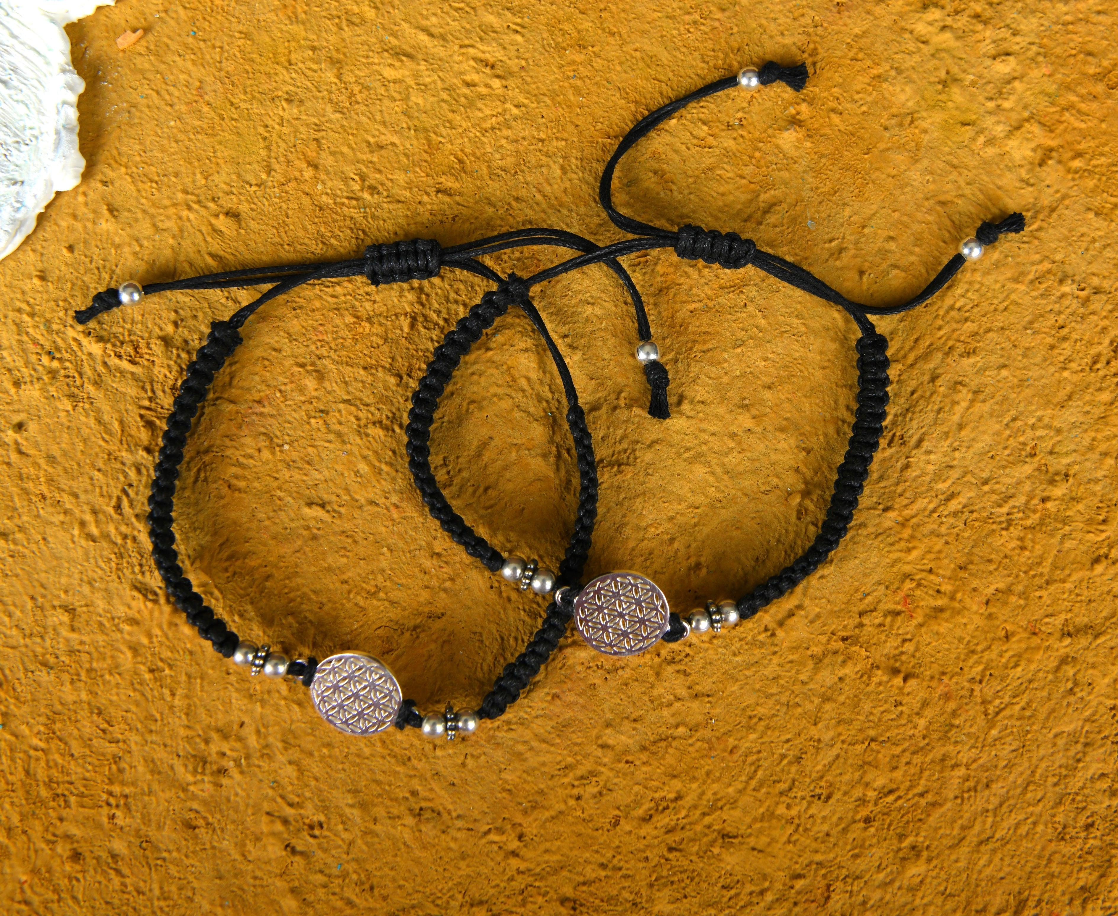 Black Thread Flower Of Life 925 Silver Anklet